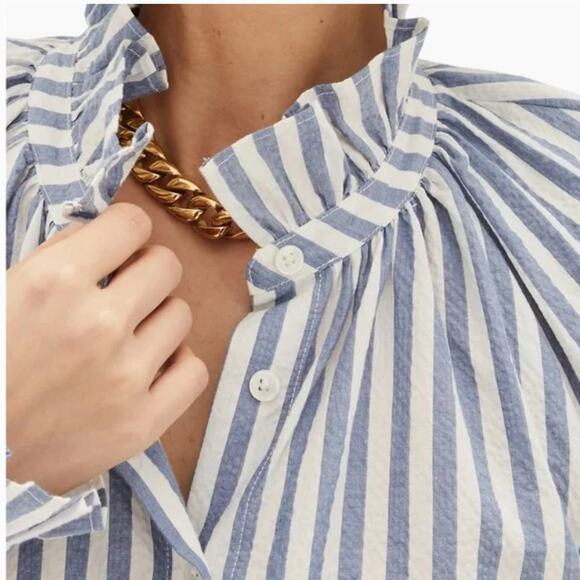 Veronica Beard Small Calisto Striped Ruffled Collar Shirt French Blue Small - Picture 4 of 15